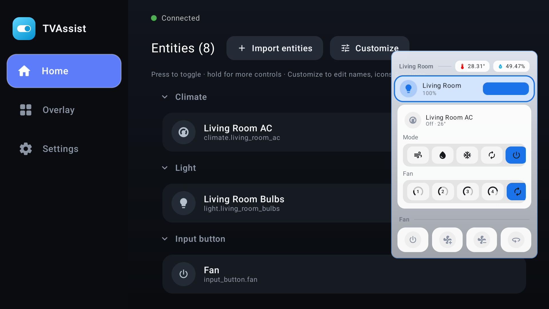 TV Assist running on Android TV: the Home Assistant entity list with a Living Room controls popup showing climate and fan modes.